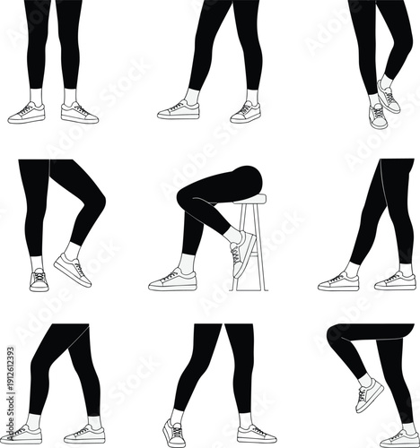 Female legs in leggings and sneakers silhouette set showing different standing and walking poses, minimalist fashion illustration for fitness, lifestyle, and apparel design concepts