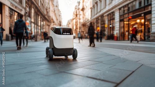 Small wheeled delivery robot moving on city street with blurred pedestrians and buildings in background during daytime