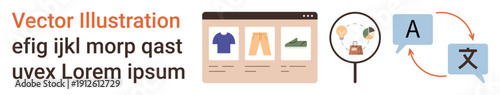 E-commerce, online shopping, translation, retail services, multilingual support, communication solutions. Displays online store interface, magnifying glass and language translation icons. E-commerce