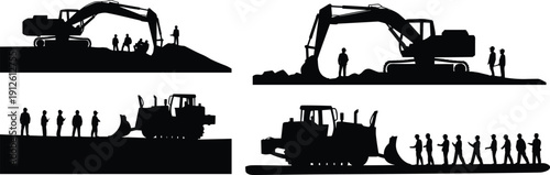 Heavy construction machinery silhouettes with excavator, bulldozer and worker team isolated on white background for industrial engineering and infrastructure design