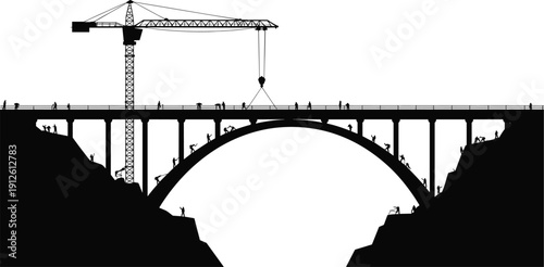 Large arch bridge construction silhouette with tower crane and workers isolated on white background for civil engineering and infrastructure development design
