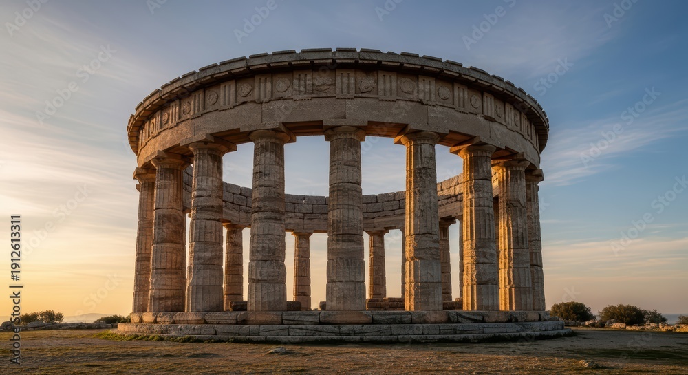 Fototapeta premium Ancient greek circular temple at sunset with tall columns and open sky background