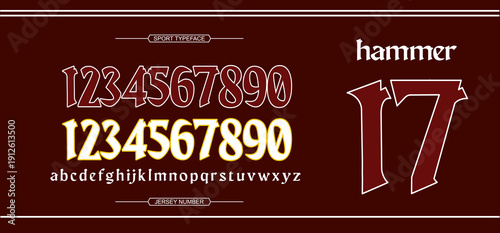 Tableau sur toile Classic Maroon red athletic Blackletter jersey font with numbers and alphabet, perfect for soccer kits and vintage sports branding