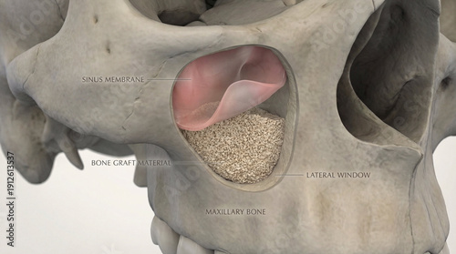 Sinus lift procedure, bone graft, maxillary sinus, dental implant, medical illustration