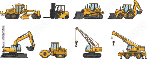 Set of yellow construction machinery vehicles including excavator, bulldozer, crane, forklift and road roller isolated on white background