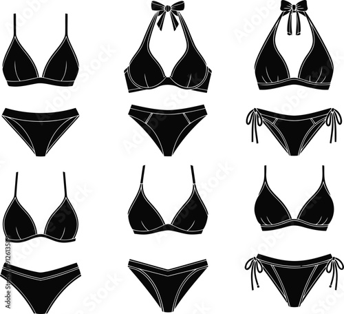 Collection of various black bikini illustrations on white, showcasing different styles and designs