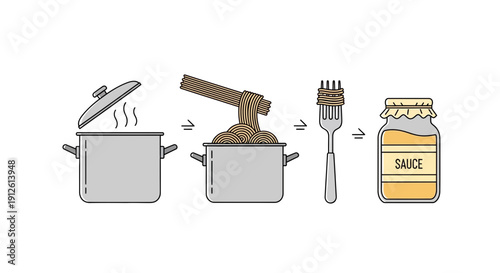Cooking pasta with sauce, step-by-step illustration