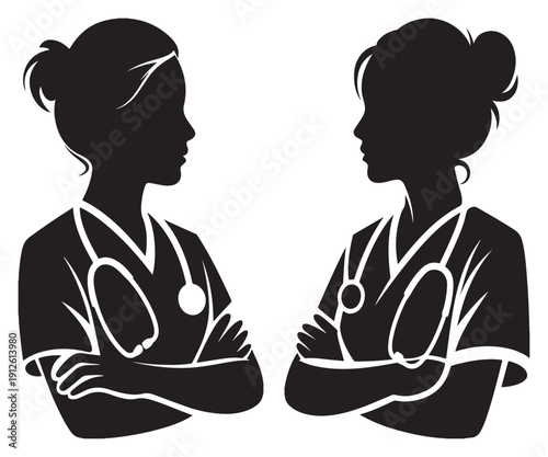"Medical Professional Silhouette Illustration – Doctors in Scrubs with Stethoscopes"
