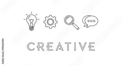 Creative Idea Concept: Lightbulb, Gear, Magnifying Glass, Speech Bubbles, Word CREATIVE