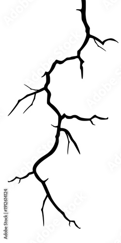 Black lightning crack silhouette on white background, abstract thunderstorm fracture shape for energy, disaster, grunge and power concepts.