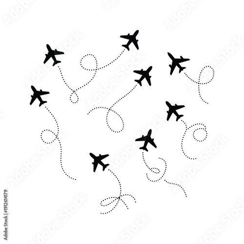 Airplanes flying in formation with trailing paths, creating a whimsical scene from a bird's eye view
