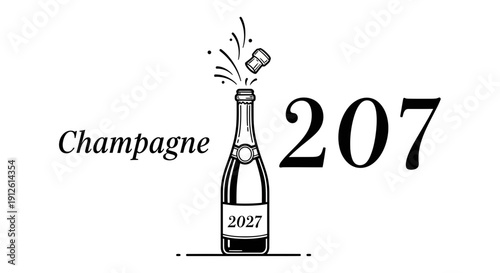 Champagne Bottle Popping Cork With Year 2027 and Number 207
