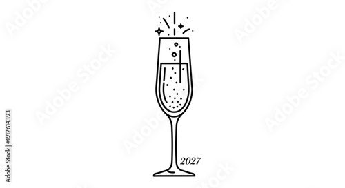 Champagne Flute with Bubbles and Sparkles, Year 2027
