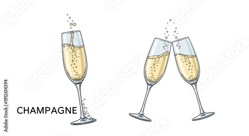 Champagne Glasses Toasting with Bubbles and Splashes