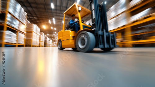 Forklift moving fast in warehouse with stacked pallets and blurred motion creating dynamic industrial scene