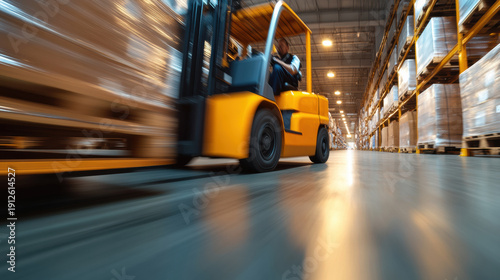 Busy forklift traffic warehouse aisle with motion blur effect showing fast industrial logistics and storage activity large distribution center