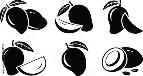 Black mango silhouette icon set with whole and sliced tropical fruit illustrations isolated on white background for logo design, packaging and food branding