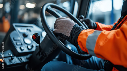 Close up of forklift steering wheel with gloved hands operating controls in warehouse environment showing safety and focus