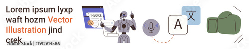 Artificial intelligence, language translation, automation, invoice management, voice recognition, gaming innovations. Robot interacting with technology elements. AI and language translation concept