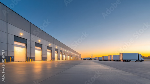 Large modern distribution center exterior with loading docks and trucks at sunset, showcasing industrial logistics and transportation efficiency