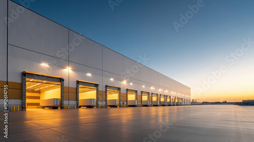 Large modern distribution center with multiple loading docks and trucks at sunset, showcasing industrial logistics and transportation efficiency