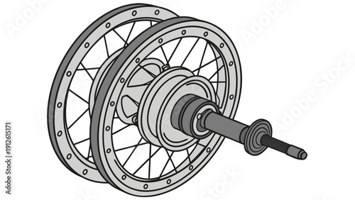 A detailed vector illustration of a bicycle wheel with axle and spokes in a minimalist line art style