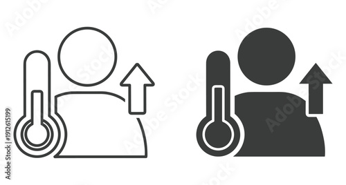 Medical icon showing person with high fever thermometer and rising temperature arrow