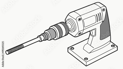 A detailed vector illustration of a drill press machine with a metal base and a long drill bit
