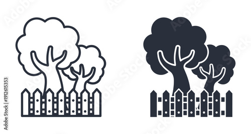 Minimalist vector illustration of trees behind a wooden picket fence garden border