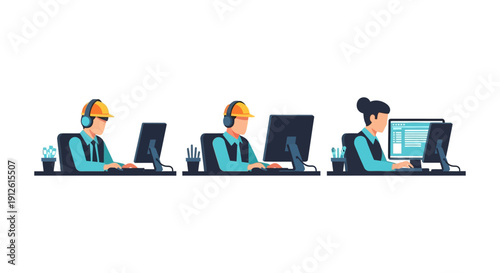 engineers and technical staff work on computers illustrating digital project management collaboration and office productivity.