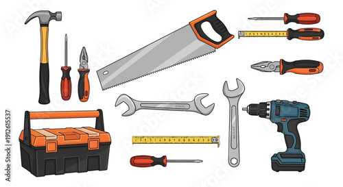 essential hand tools power drill and a toolbox showcasing a complete kit for home improvement construction and diverse diy projects.
