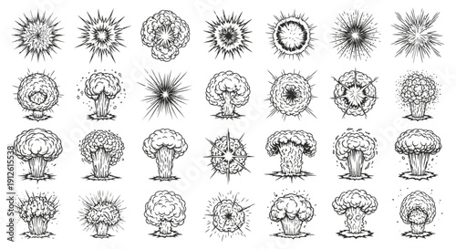 explosion effects and nuclear mushroom cloud vector art for impactful graphic design historical warnings and comic book illustrations.