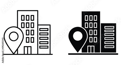 Office building location icons featuring map pointer and skyscraper in two styles