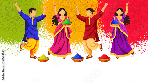 Holi celebration background with dancing group and color powder, perfect for festival marketing, greeting cards, posters, social media ads