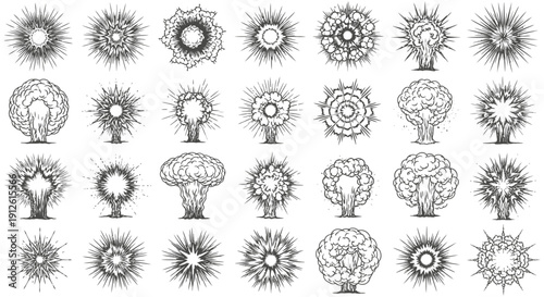 explosion illustrations dynamic set of blast effects shockwaves and mushroom clouds in a vintage comic art style.