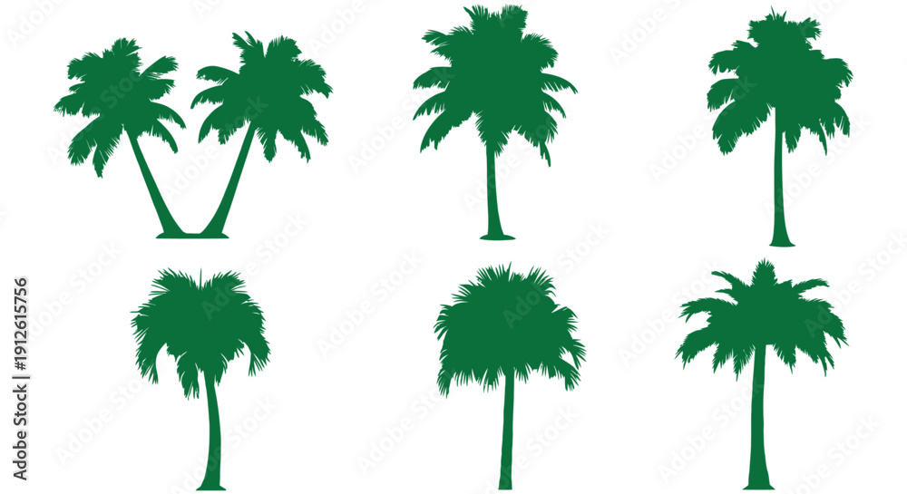 Fototapeta premium green palm tree silhouettes graphic elements isolated on white perfect for tropical summer designs beach holidays and nature branding.
