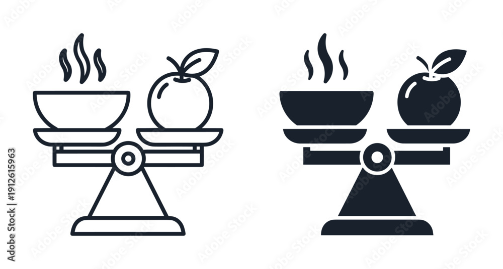 Fototapeta premium Nutrition balance scale symbol comparing hot meal bowl and fresh apple fruit
