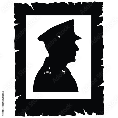 Silhouette of soldier in military uniform with hat and insignia