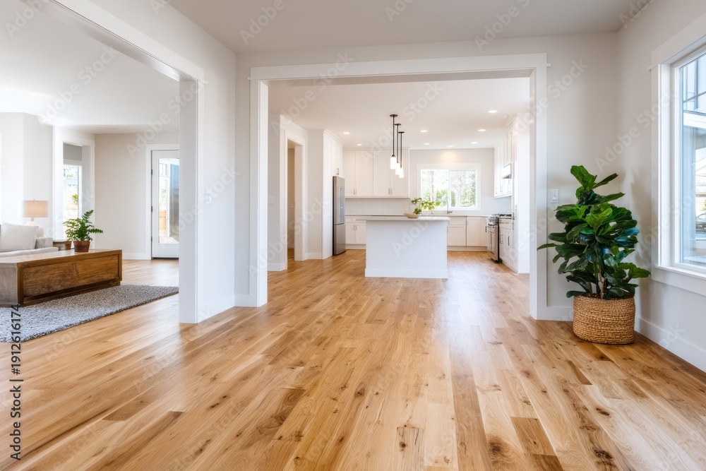 Fototapeta premium Minimalist Home Renovation with Neutral Tones and Wood Flooring Design
