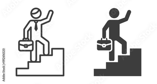 Businessman with briefcase climbing stairs and waving hand representing career growth success