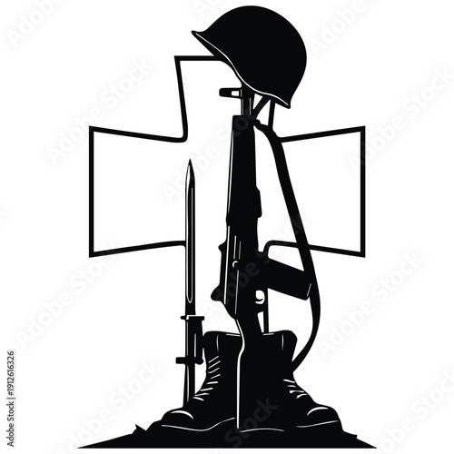 Soldier's solemn tribute with rifle and helmet in front of cross