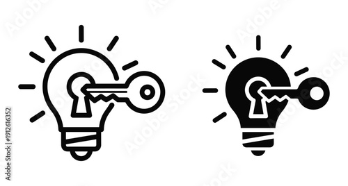 Set of outline and solid lightbulb icons with keyhole for unlocking creativity