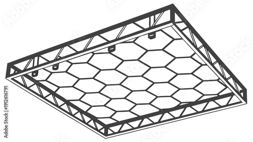 A black and white vector graphic illustration of a metal grate with a honeycomb pattern