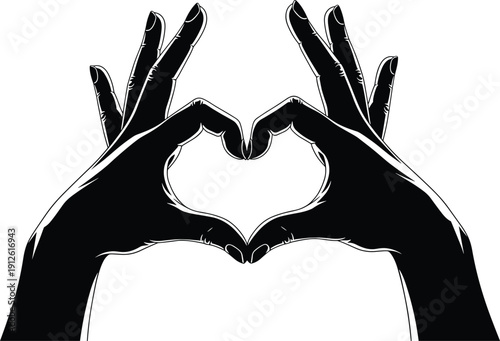 Black silhouette of two hands forming a heart shape symbol, isolated on white background for love, romance, and charity concept designs