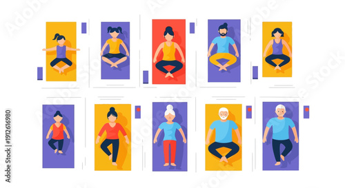 Diverse People Practicing Yoga Meditation in Various Colorful Outfits.