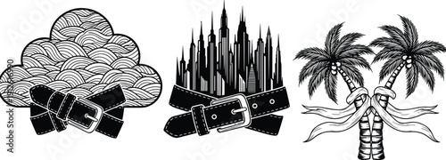 Blue and white vector illustration set featuring a patterned cloud, a city skyline, and palm trees all tightened by belts.