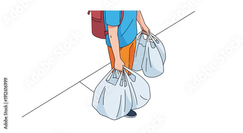 Man carrying heavy shopping bags on a slope.