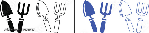 gardening tool icon isolated on white background, black and blue vector illustration of hand trowel and garden fork for agriculture, landscaping, and hobby farming concepts.