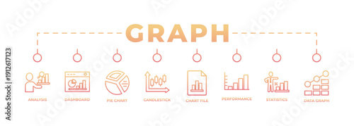 Modern graph and data analytics banner design with clean line icons featuring analysis, dashboard, pie chart, candlestick chart, performance metrics, statistics, and data graphs. Minimal black and whi