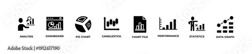 Modern graph and data analytics banner design with clean line icons featuring analysis, dashboard, pie chart, candlestick chart, performance metrics, statistics, and data graphs. Minimal black and whi